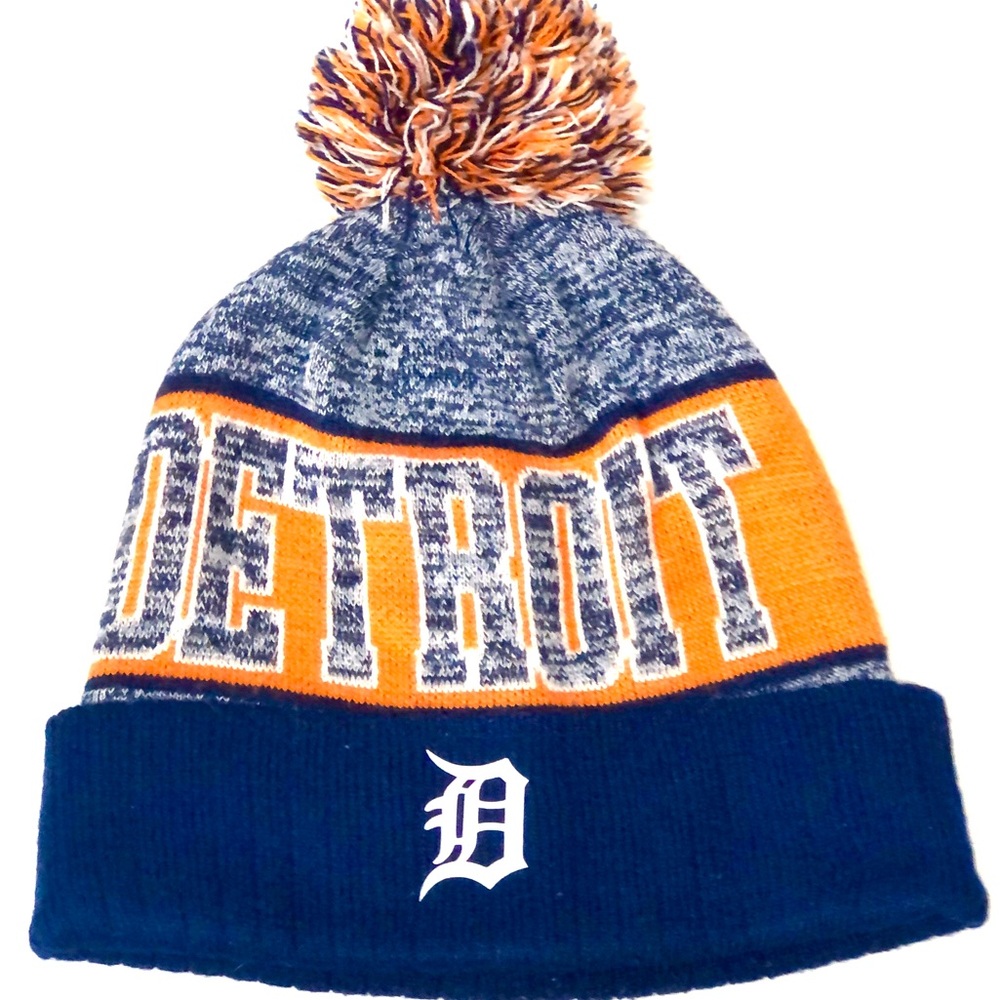 Detroit Tigers Pom Beanie Hat - Blue and Orange Adult Knit Cap unisex